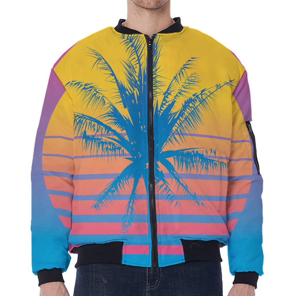 Retrowave Sunset Palm Tree Print Zip Sleeve Bomber Jacket