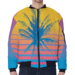 Retrowave Sunset Palm Tree Print Zip Sleeve Bomber Jacket