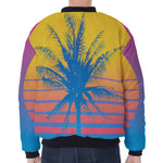 Retrowave Sunset Palm Tree Print Zip Sleeve Bomber Jacket