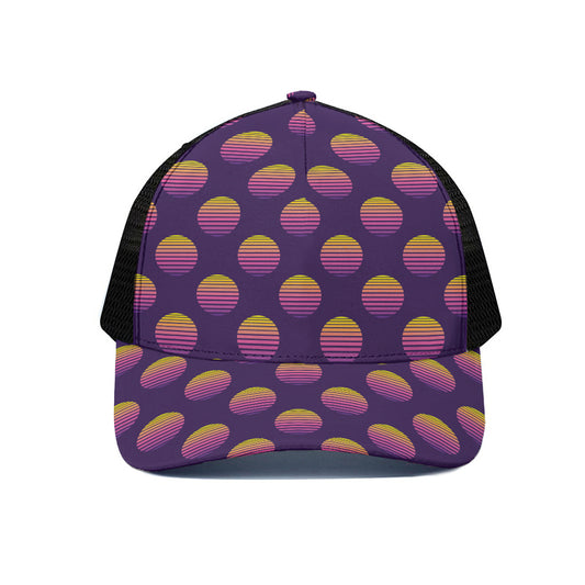 Retrowave Sunset Pattern Print Black Mesh Trucker Cap