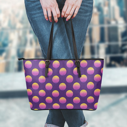 Retrowave Sunset Pattern Print Leather Tote Bag