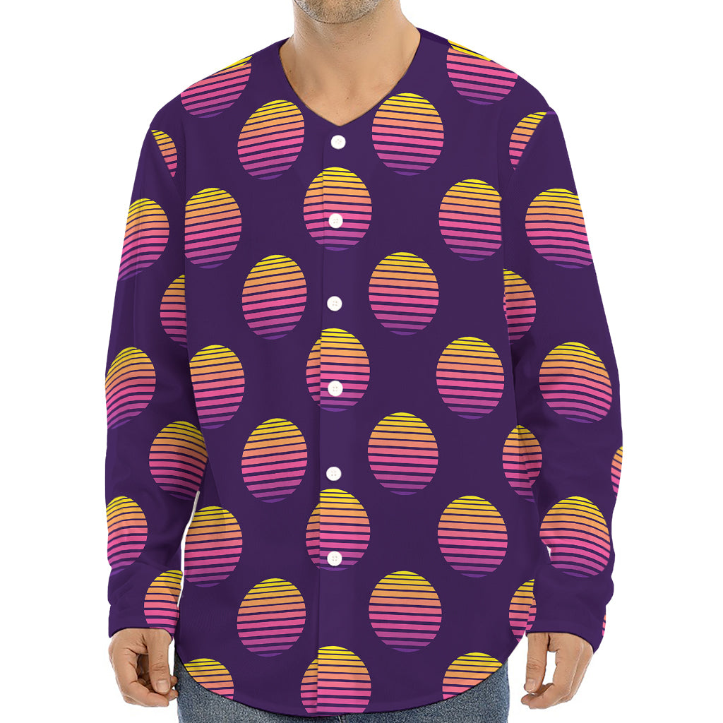 Retrowave Sunset Pattern Print Long Sleeve Baseball Jersey