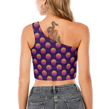 Retrowave Sunset Pattern Print One Shoulder Crop Top