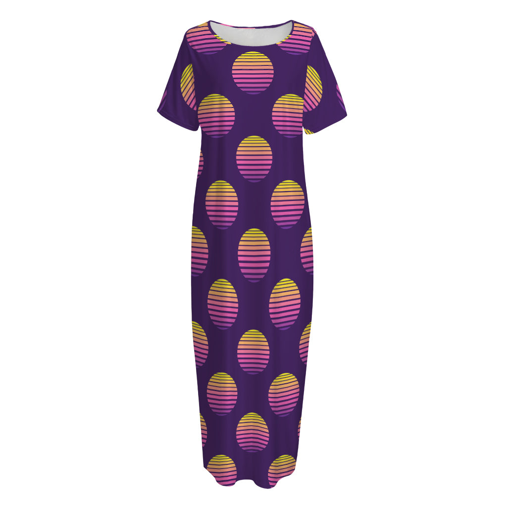 Retrowave Sunset Pattern Print Short Sleeve Long Nightdress