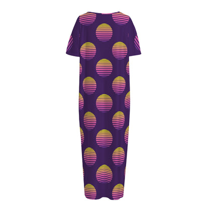 Retrowave Sunset Pattern Print Short Sleeve Long Nightdress