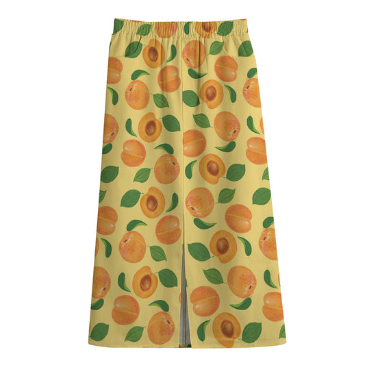 Ripe Apricot Fruit Pattern Print Cotton Front Slit Maxi Skirt