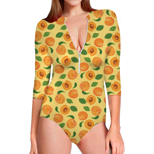 Ripe Apricot Fruit Pattern Print Long Sleeve Swimsuit