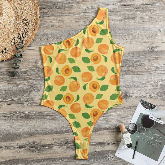 Ripe Apricot Fruit Pattern Print One Shoulder Bodysuit