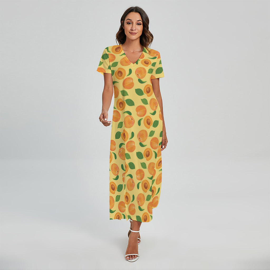 Ripe Apricot Fruit Pattern Print Short Sleeve Maxi Dress