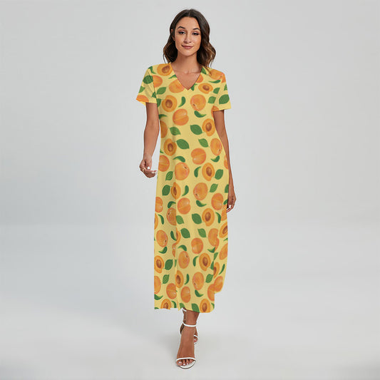 Ripe Apricot Fruit Pattern Print Short Sleeve Maxi Dress