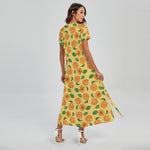 Ripe Apricot Fruit Pattern Print Short Sleeve Maxi Dress