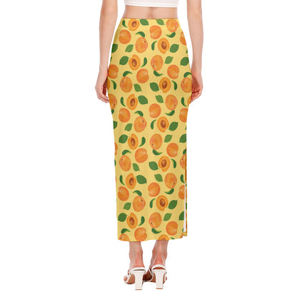 Ripe Apricot Fruit Pattern Print Side Slit Maxi Skirt