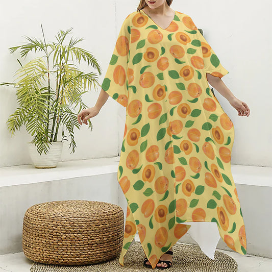Ripe Apricot Fruit Pattern Print Silk V-Neck Kaftan Dress