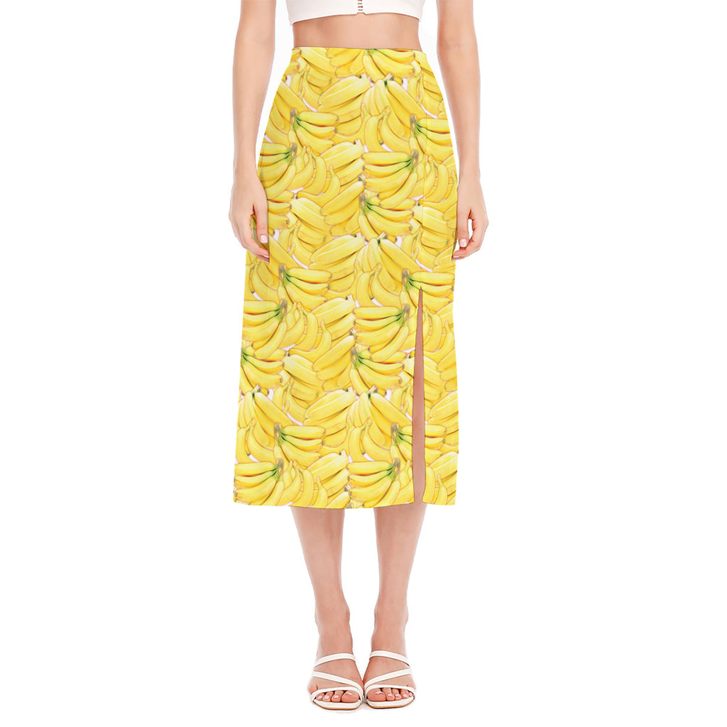 Ripe Banana Pattern Print Side Slit Midi Skirt