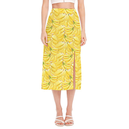 Ripe Banana Pattern Print Side Slit Midi Skirt