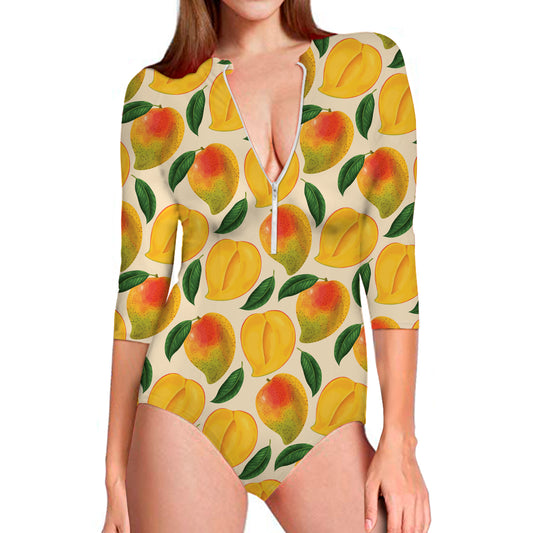 Ripe Mango Fruit Pattern Print Long Sleeve Swimsuit