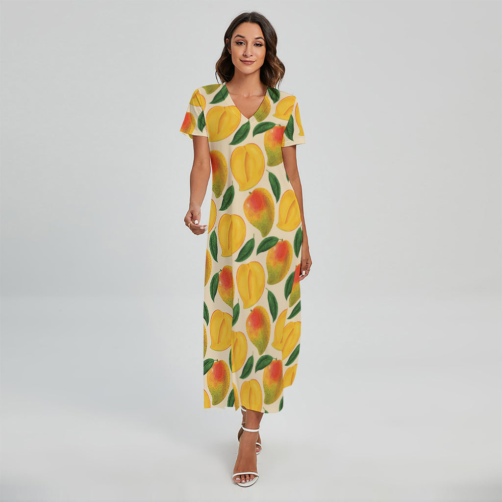 Ripe Mango Fruit Pattern Print Short Sleeve Maxi Dress
