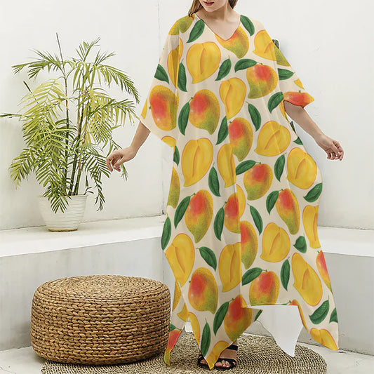 Ripe Mango Fruit Pattern Print Silk V-Neck Kaftan Dress