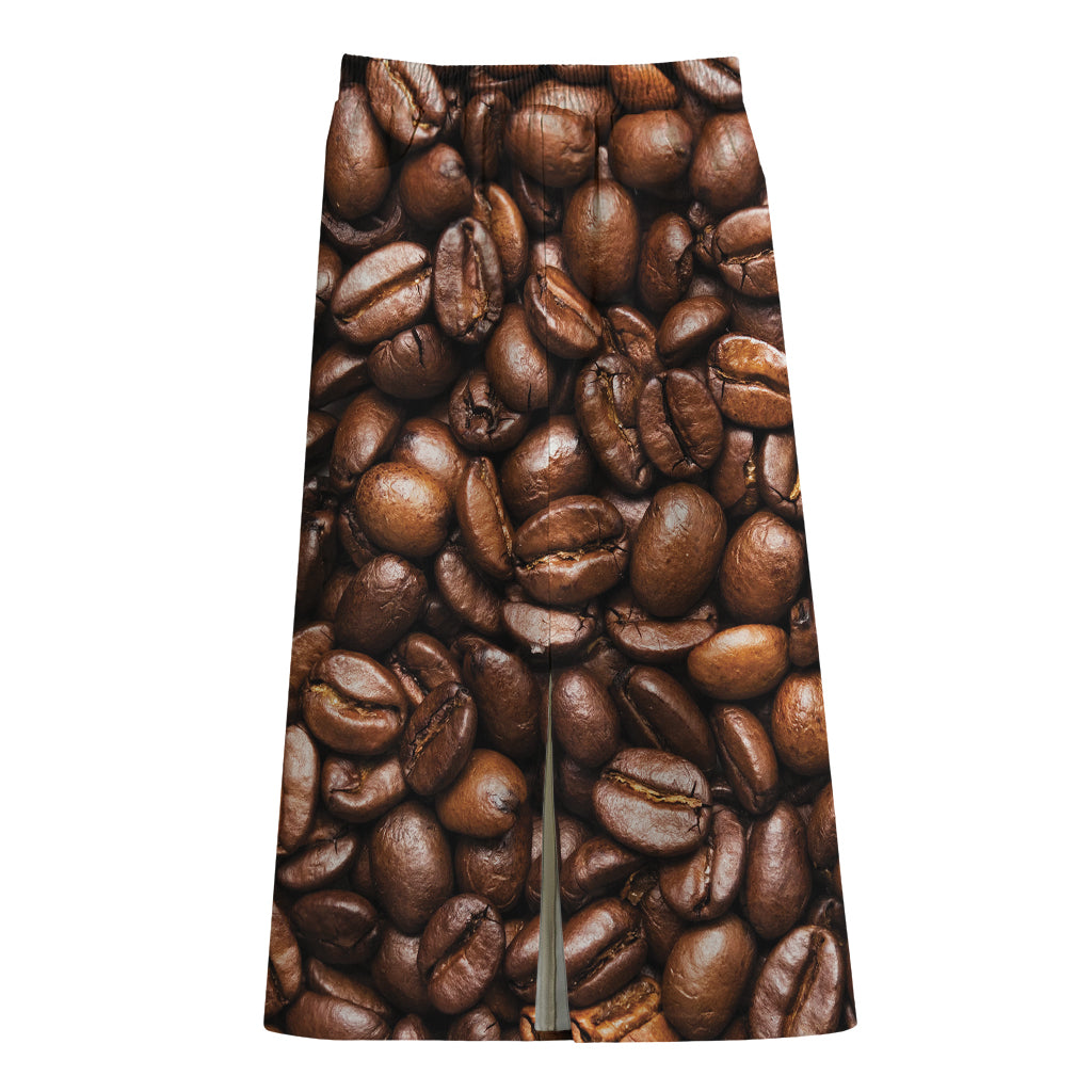 Roasted Coffee Bean Print Cotton Front Slit Maxi Skirt