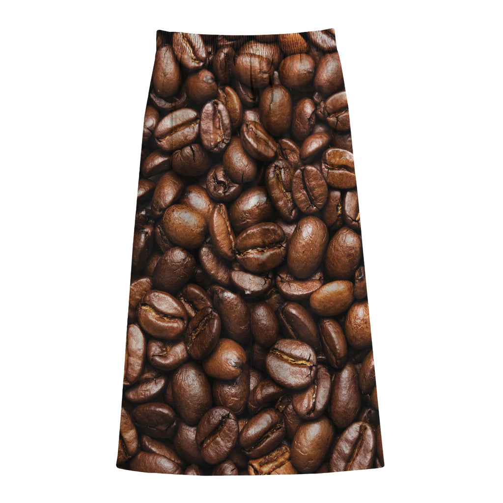 Roasted Coffee Bean Print Cotton Front Slit Maxi Skirt