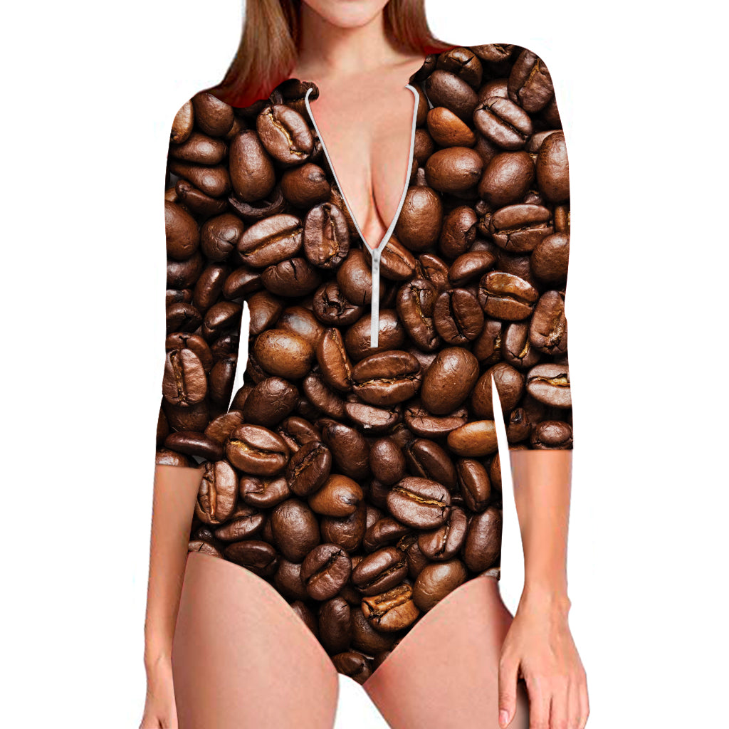 Roasted Coffee Bean Print Long Sleeve Swimsuit