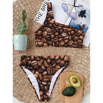 Roasted Coffee Bean Print One Shoulder Bikini Top