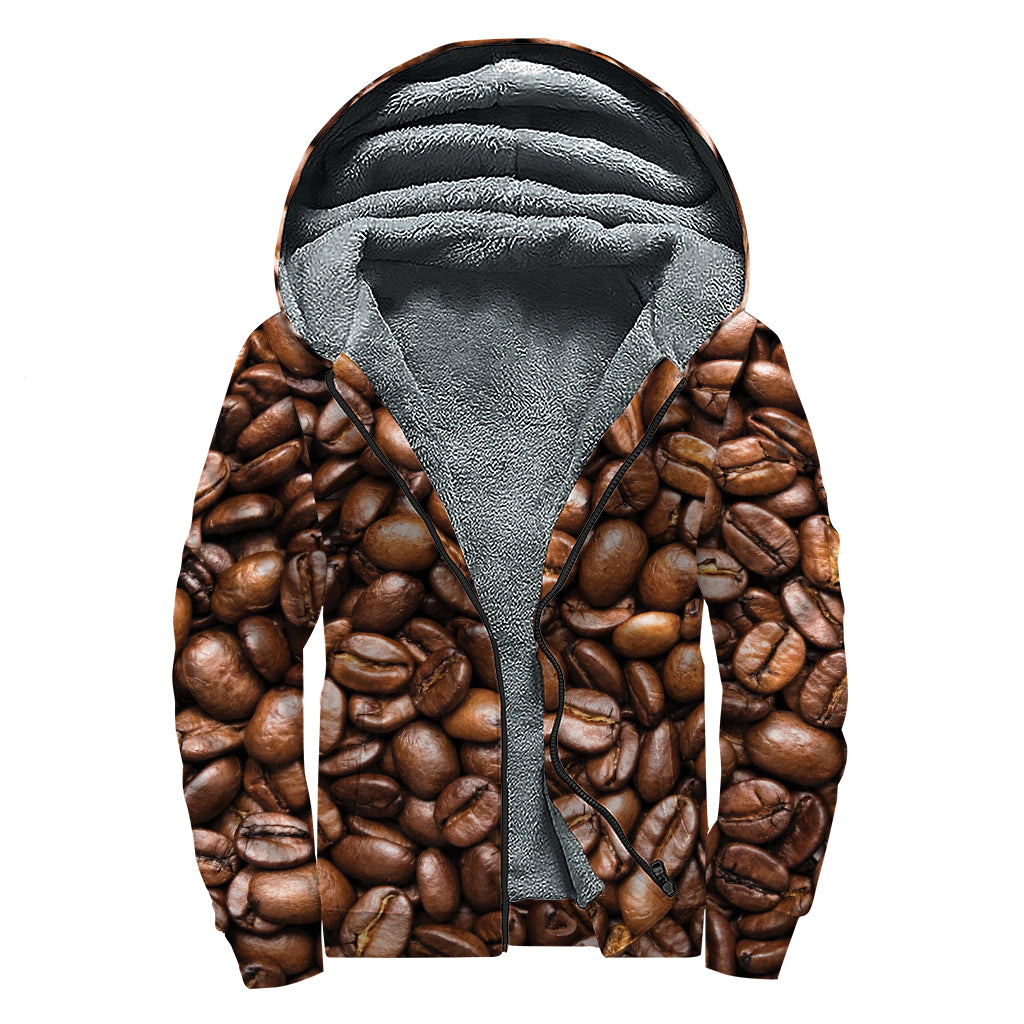 Roasted Coffee Bean Print Sherpa Lined Zip Up Hoodie