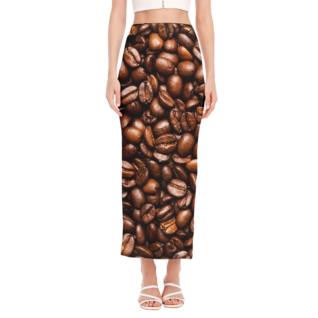 Roasted Coffee Bean Print Side Slit Maxi Skirt