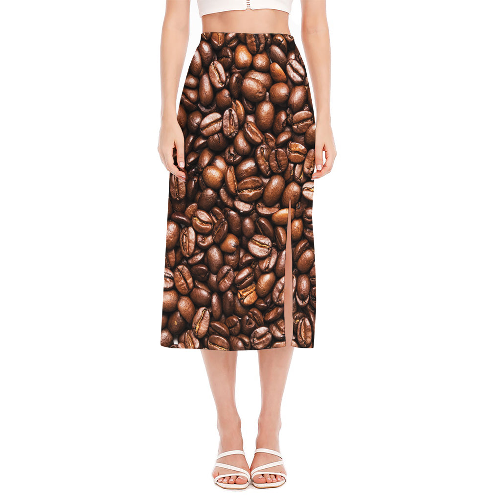 Roasted Coffee Bean Print Side Slit Midi Skirt