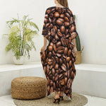 Roasted Coffee Bean Print Silk V-Neck Kaftan Dress