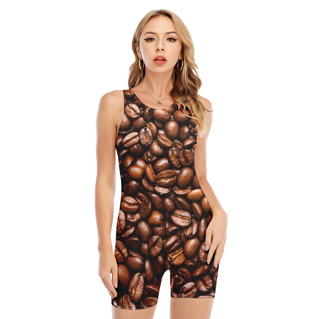 Roasted Coffee Bean Print Sleeveless One Piece Swimsuit