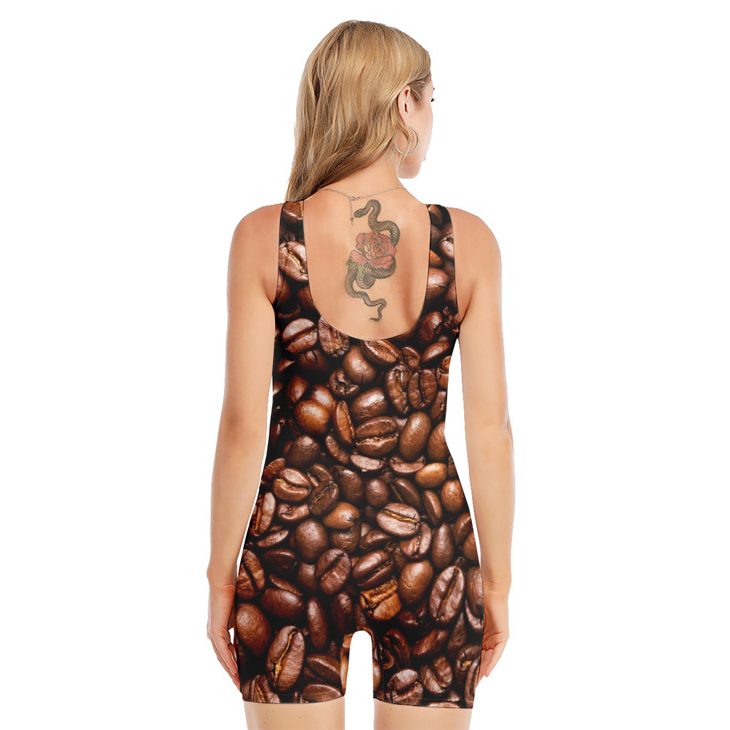 Roasted Coffee Bean Print Sleeveless One Piece Swimsuit