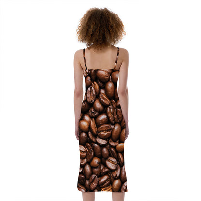 Roasted Coffee Bean Print Slim Fit Midi Cami Dress