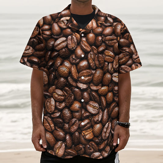 Roasted Coffee Bean Print Textured Short Sleeve Shirt