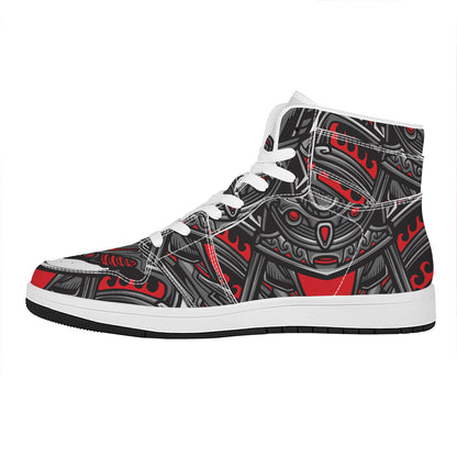 Robot Samurai Mask Print High Top Leather Sneakers