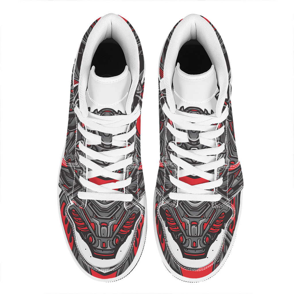 Robot Samurai Mask Print High Top Leather Sneakers