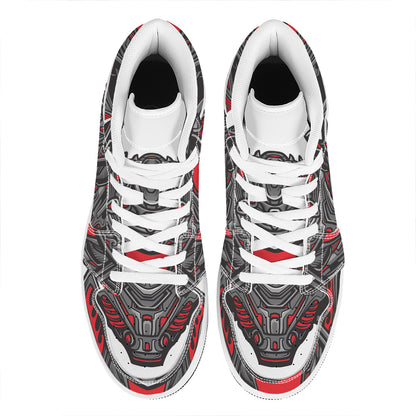 Robot Samurai Mask Print High Top Leather Sneakers