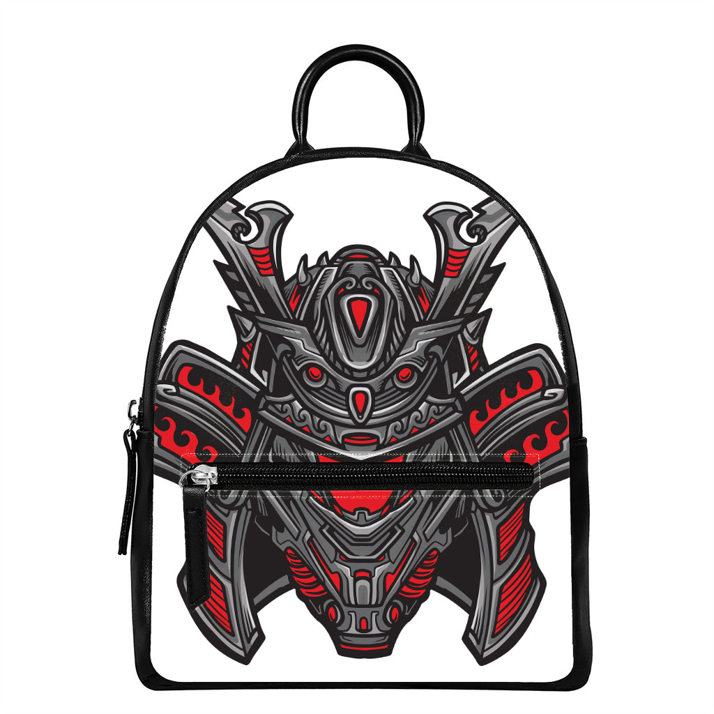 Robot Samurai Mask Print Leather Backpack