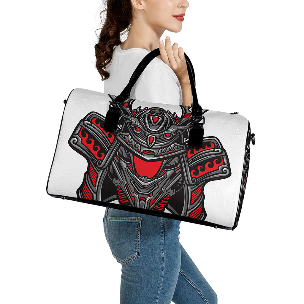 Robot Samurai Mask Print Leather Duffle Bag
