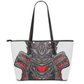 Robot Samurai Mask Print Leather Tote Bag With Zipper