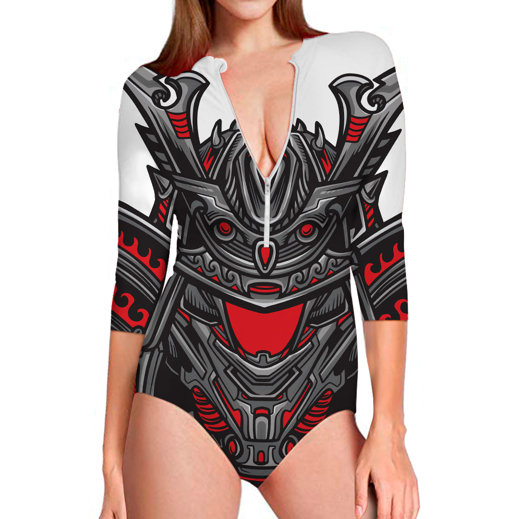 Robot Samurai Mask Print Long Sleeve Swimsuit