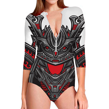 Robot Samurai Mask Print Long Sleeve Swimsuit