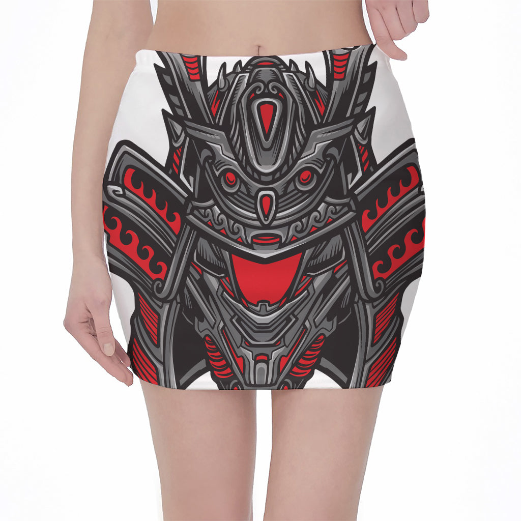 Robot Samurai Mask Print Pencil Mini Skirt