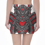 Robot Samurai Mask Print Pencil Mini Skirt