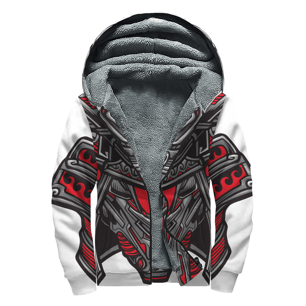 Robot Samurai Mask Print Sherpa Lined Zip Up Hoodie