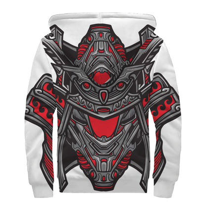 Robot Samurai Mask Print Sherpa Lined Zip Up Hoodie