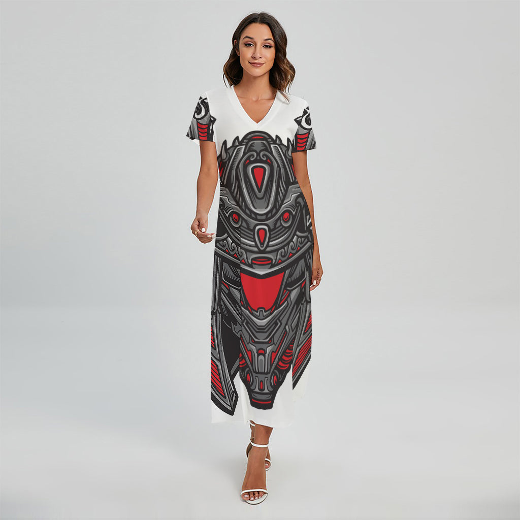 Robot Samurai Mask Print Short Sleeve Maxi Dress