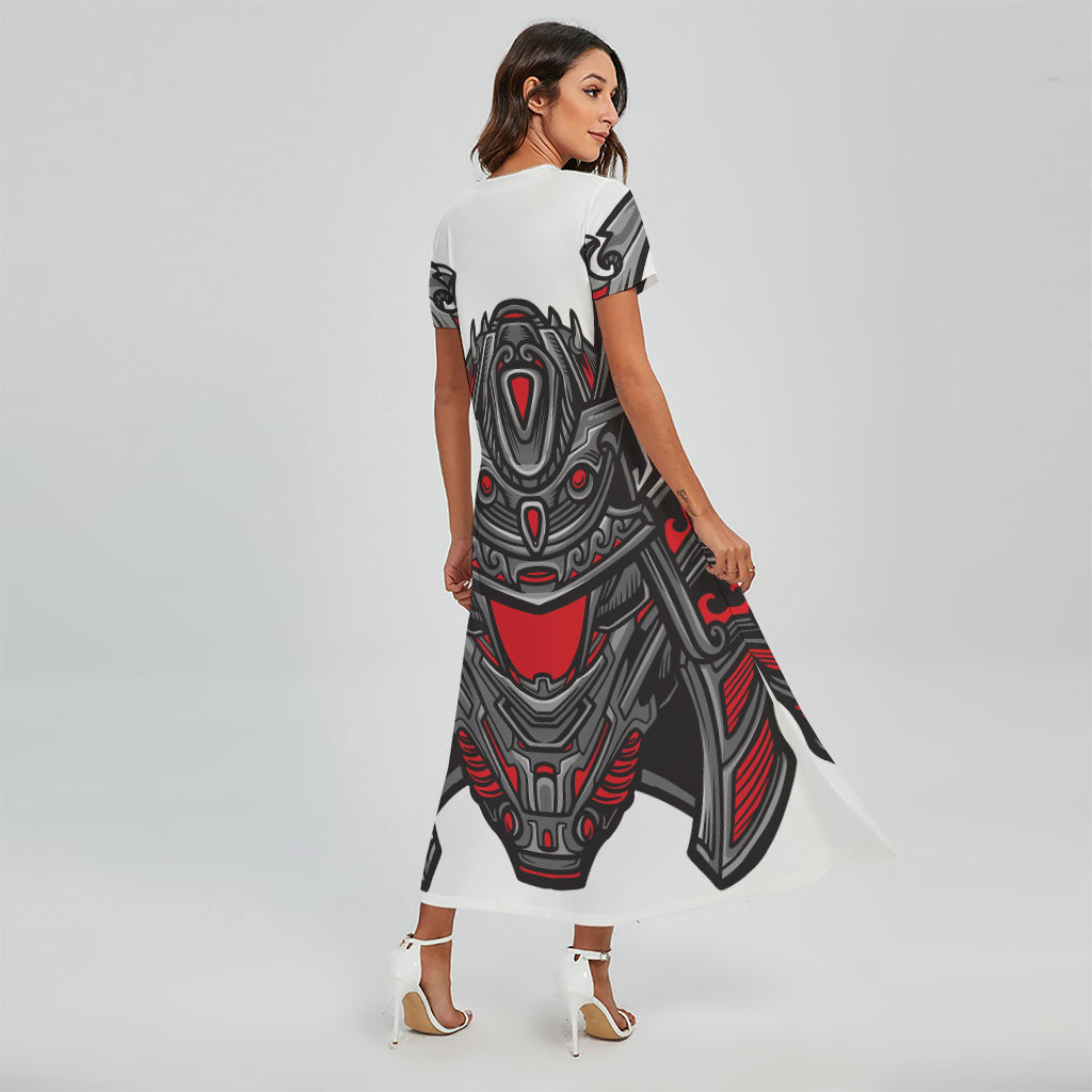 Robot Samurai Mask Print Short Sleeve Maxi Dress