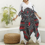 Robot Samurai Mask Print Silk V-Neck Kaftan Dress