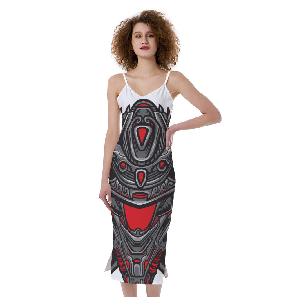 Robot Samurai Mask Print Slim Fit Midi Cami Dress